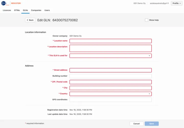 GS1 Rekisteri GLN information