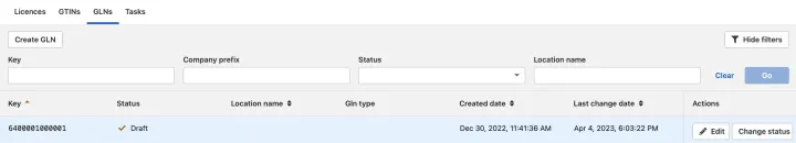 GS1 Rekisteri GLN change status