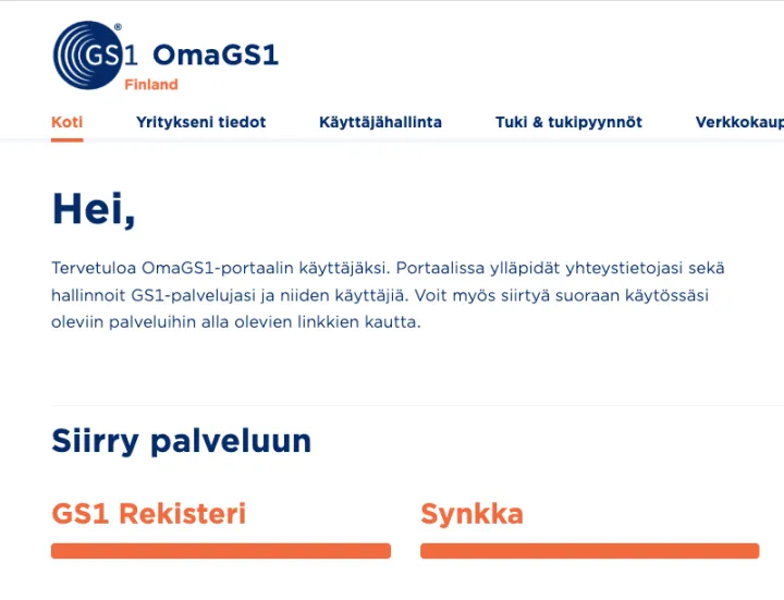 GS1 Rekisteri OmaGS1 kirjautuminen