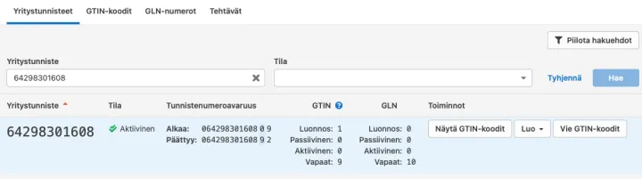 GS1 Rekisteri Vie GTIN-koodit