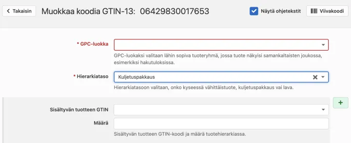 GS1 Rekisteri sisältyvän tuotteen GTIN
