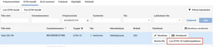 GS1 Rekisteri Luo GTIN 14