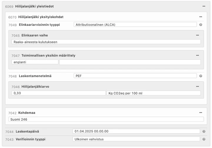 Esimerkki hiilijalanjälkitiedoista GS1 Synkassa